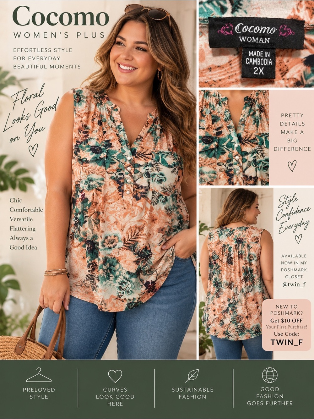 Cocomo Woman Plus Size 2X Floral Sleeveless Tunic Top Boho Cottagecore